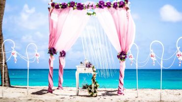 Beach purple wedding ceremony decor