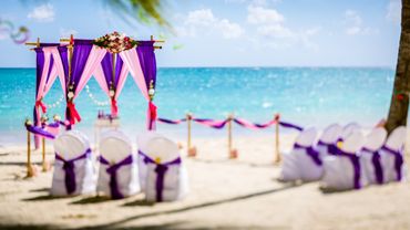 Beach pink wedding ceremony decor