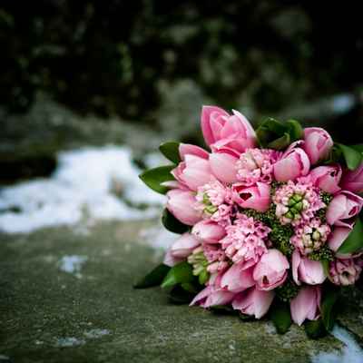 Spring pink tulip wedding bouquet