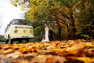 Outdoor autumn ivory wedding transport