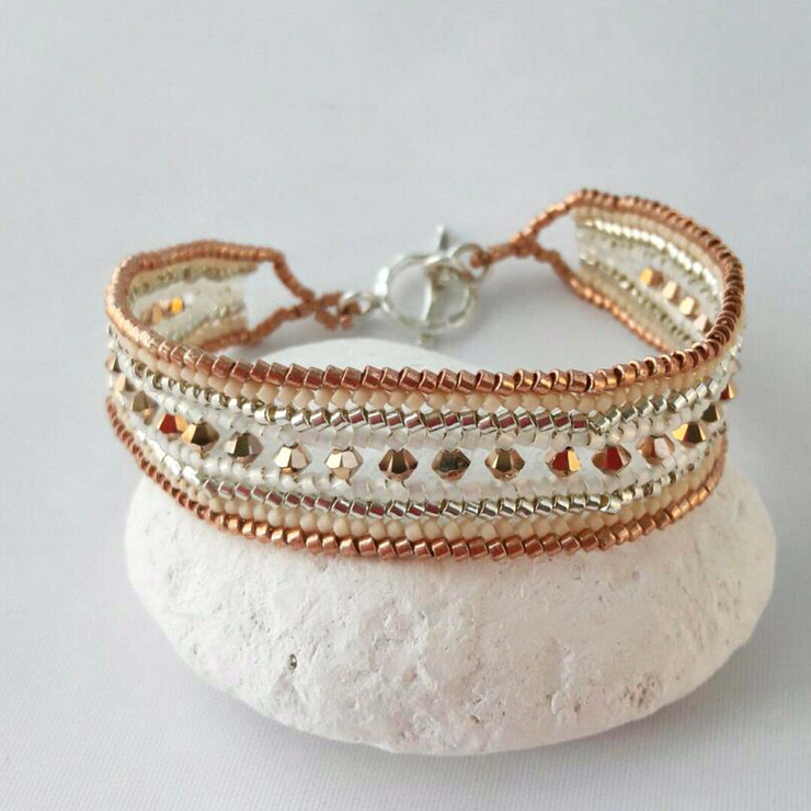 Pretty rose gold cream and silver beaded bracelet, ideal for a beach wedding